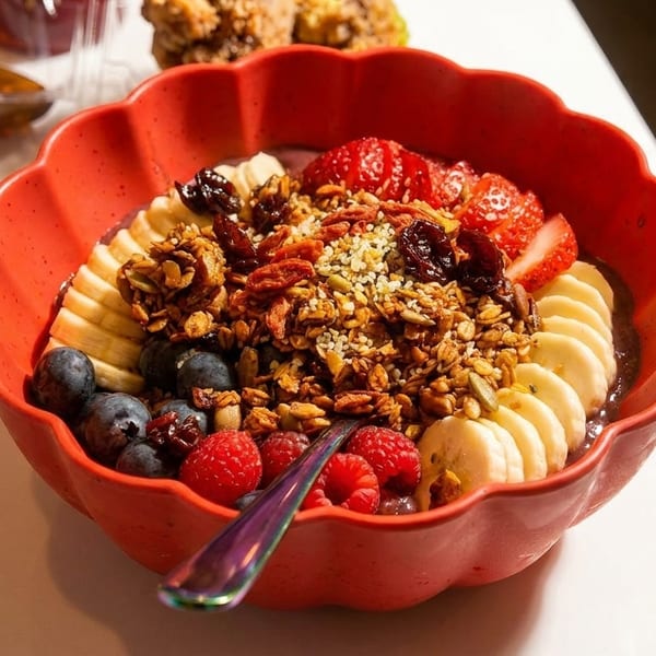 A vibrant acai bowl in a red scalloped bowl, topped with granola, bananas, berries, and seeds.