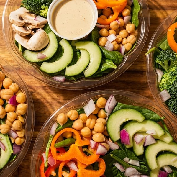 Four colorful salads in clear plastic containers with spinach, chickpeas, bell peppers, and broccoli.