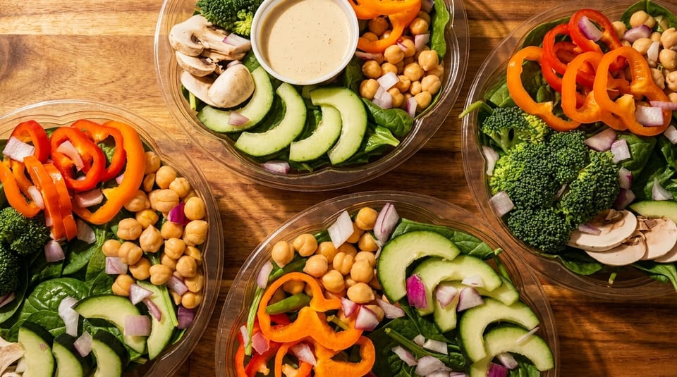 Four colorful salads in clear plastic containers with spinach, chickpeas, bell peppers, and broccoli.