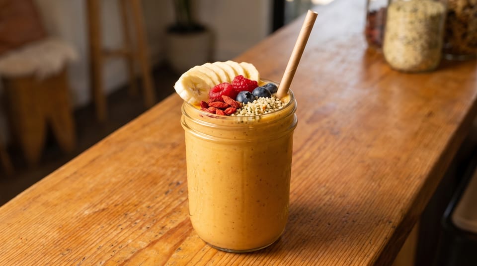 A vibrant smoothie in a mason jar, topped with banana, berries, goji berries, and hemp seeds.