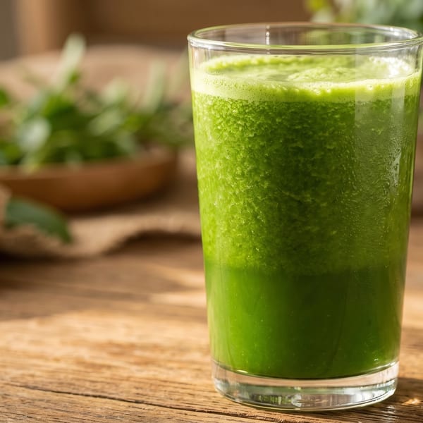 A tall glass of vibrant green smoothie with foam on top sits on a rustic wooden table.