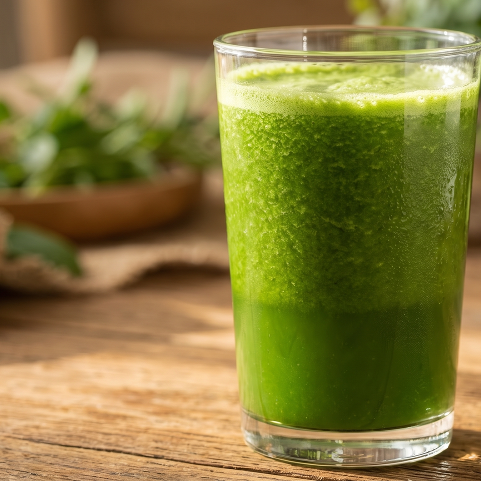 A tall glass of vibrant green smoothie with foam on top sits on a rustic wooden table.