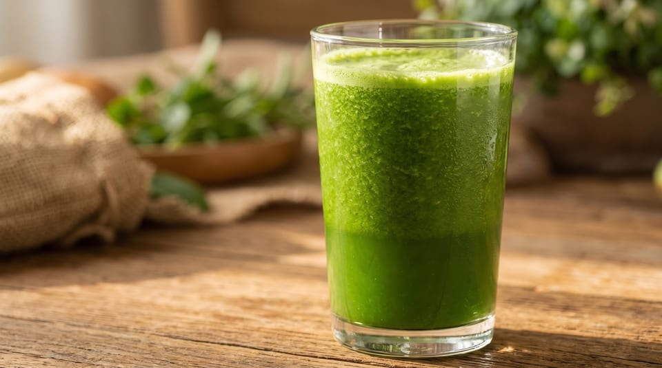 A tall glass of vibrant green smoothie with foam on top sits on a rustic wooden table.