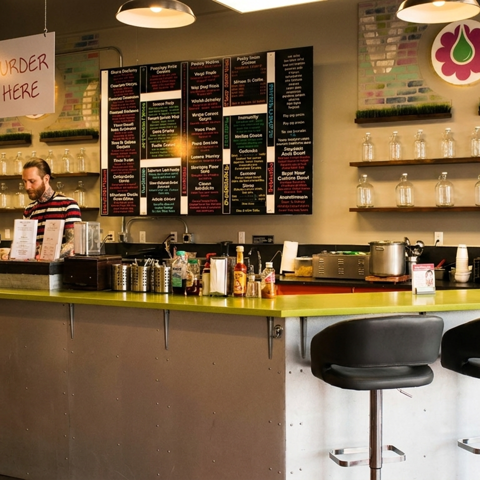 A man behind a bright green counter with bar stools, menu boards, and shelves of bottles.